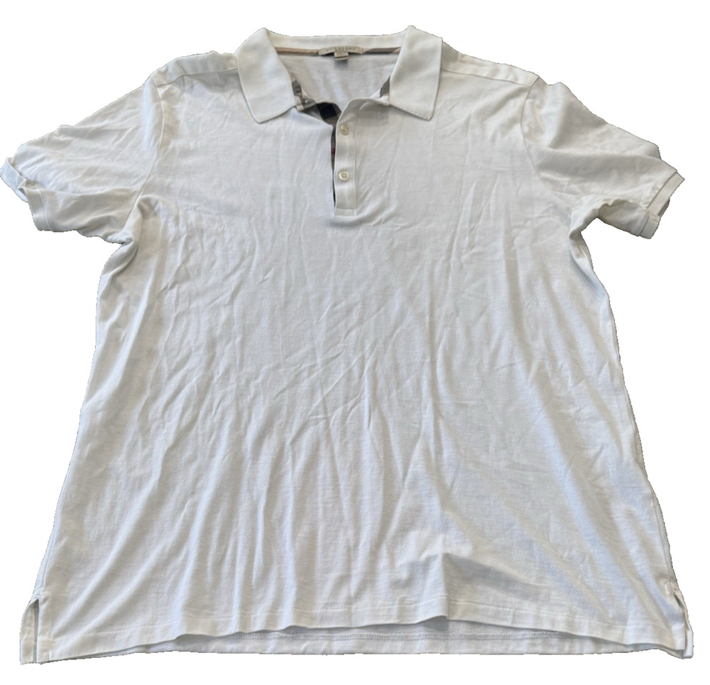 Burberry London Men's White Polo Shirt L/XL Nova Check Equestrian Knight Cotton